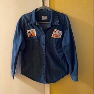Whimsical denim blouse with King & Queen patches